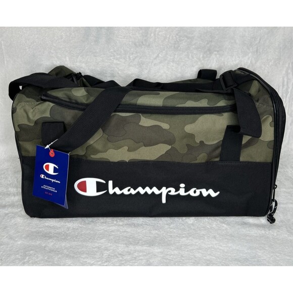 NWT Champion Duffle Bag 18.5”x 10” x 10” Green Camo Blue Interior Gym Carry Bag - Picture 1 of 8